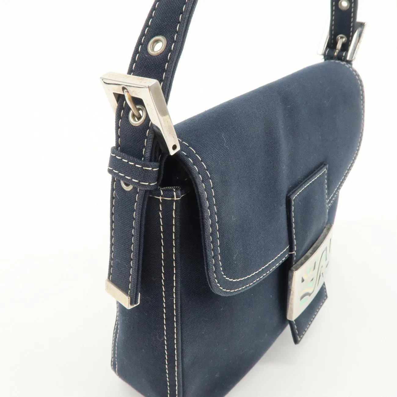 FENDI Logo Canvas Shoulder Bag Hand Bag Navy Used
