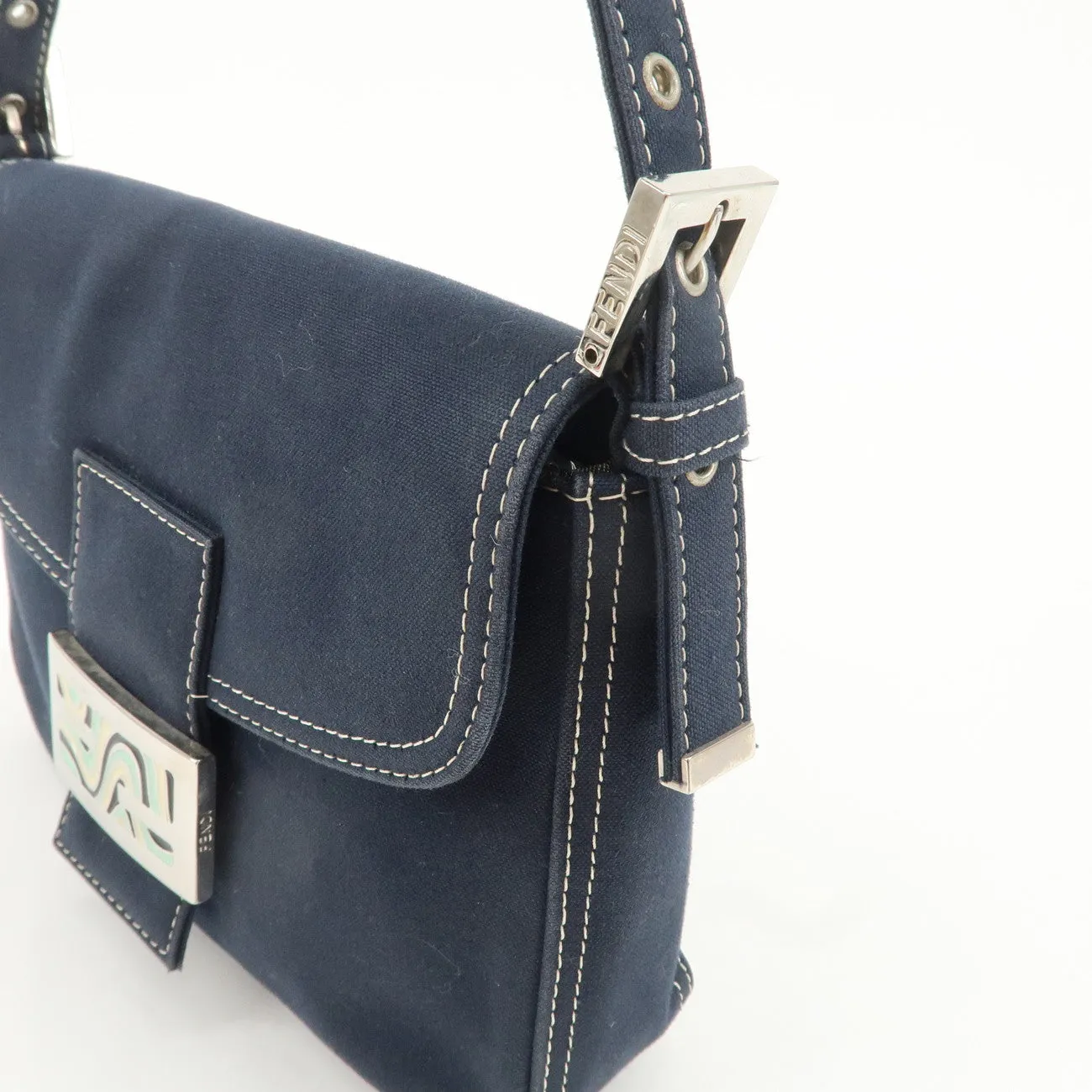FENDI Logo Canvas Shoulder Bag Hand Bag Navy Used