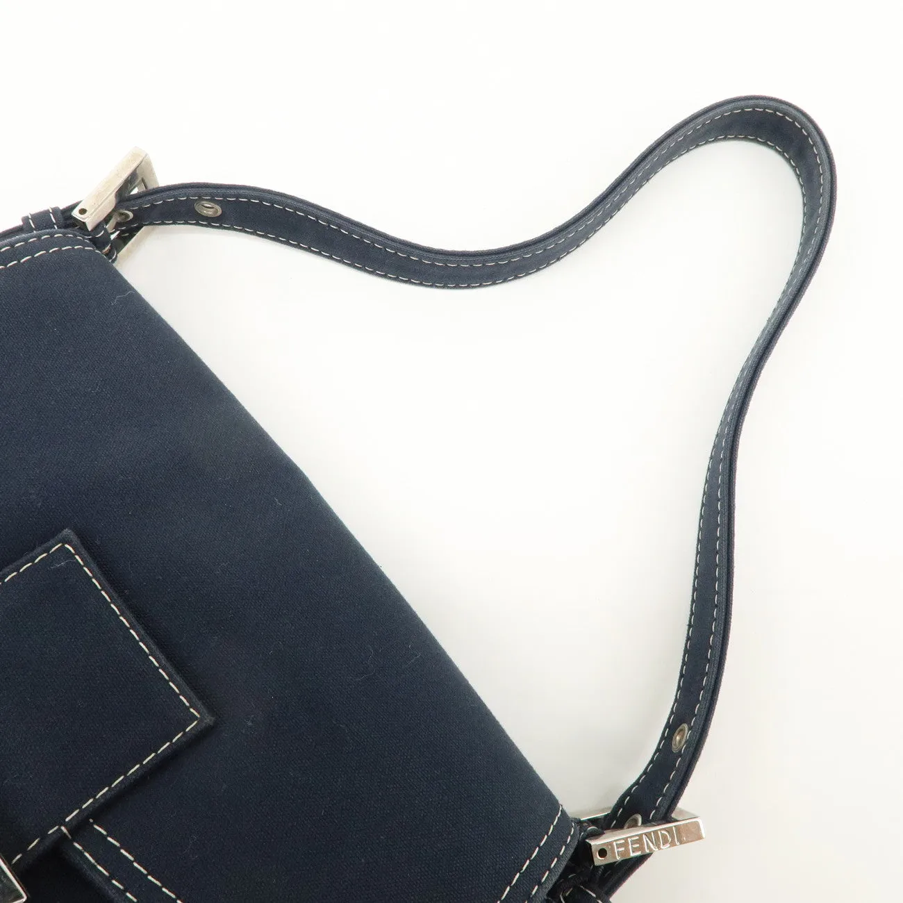 FENDI Logo Canvas Shoulder Bag Hand Bag Navy Used