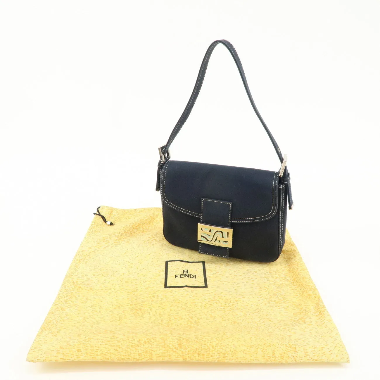 FENDI Logo Canvas Shoulder Bag Hand Bag Navy Used