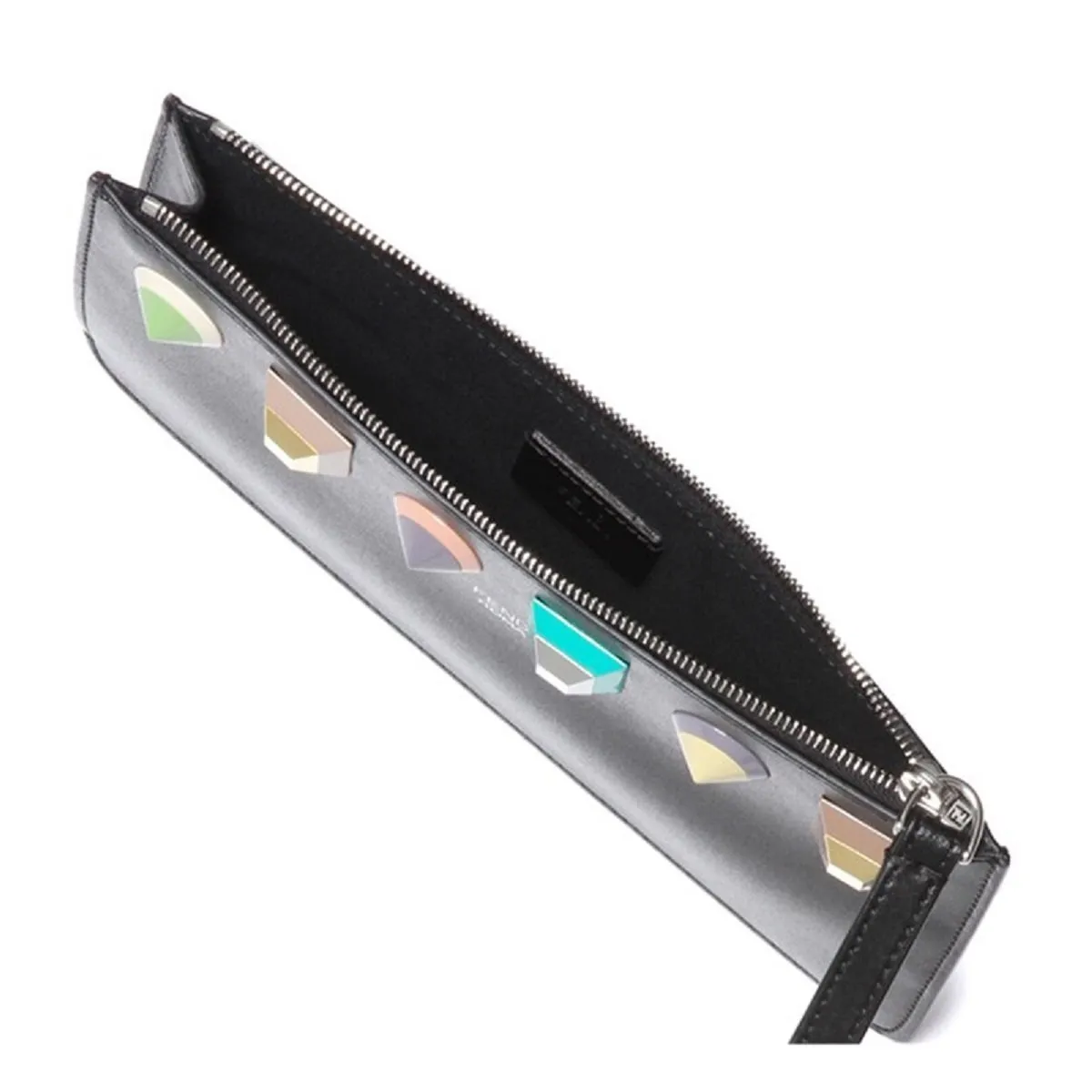 Fendi Rainbow Asphalt Gray Calf Leather Studs Wristlet Wallet 8M0341