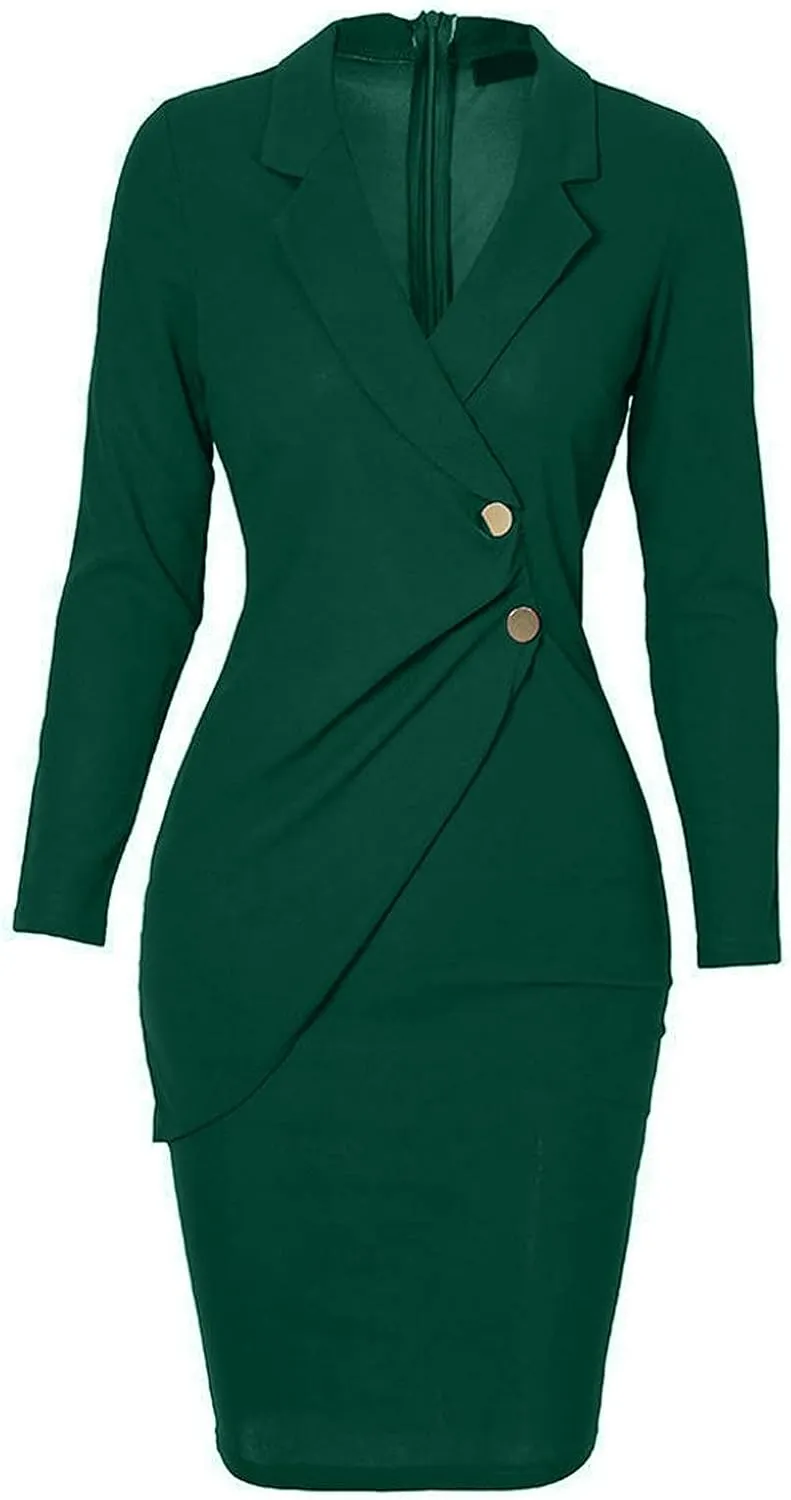 Formal Dresses for Women Long Sleeve Solid Ruched Bodycon Dress Slim Fit V Neck Buttons Office Business Fall Dresses