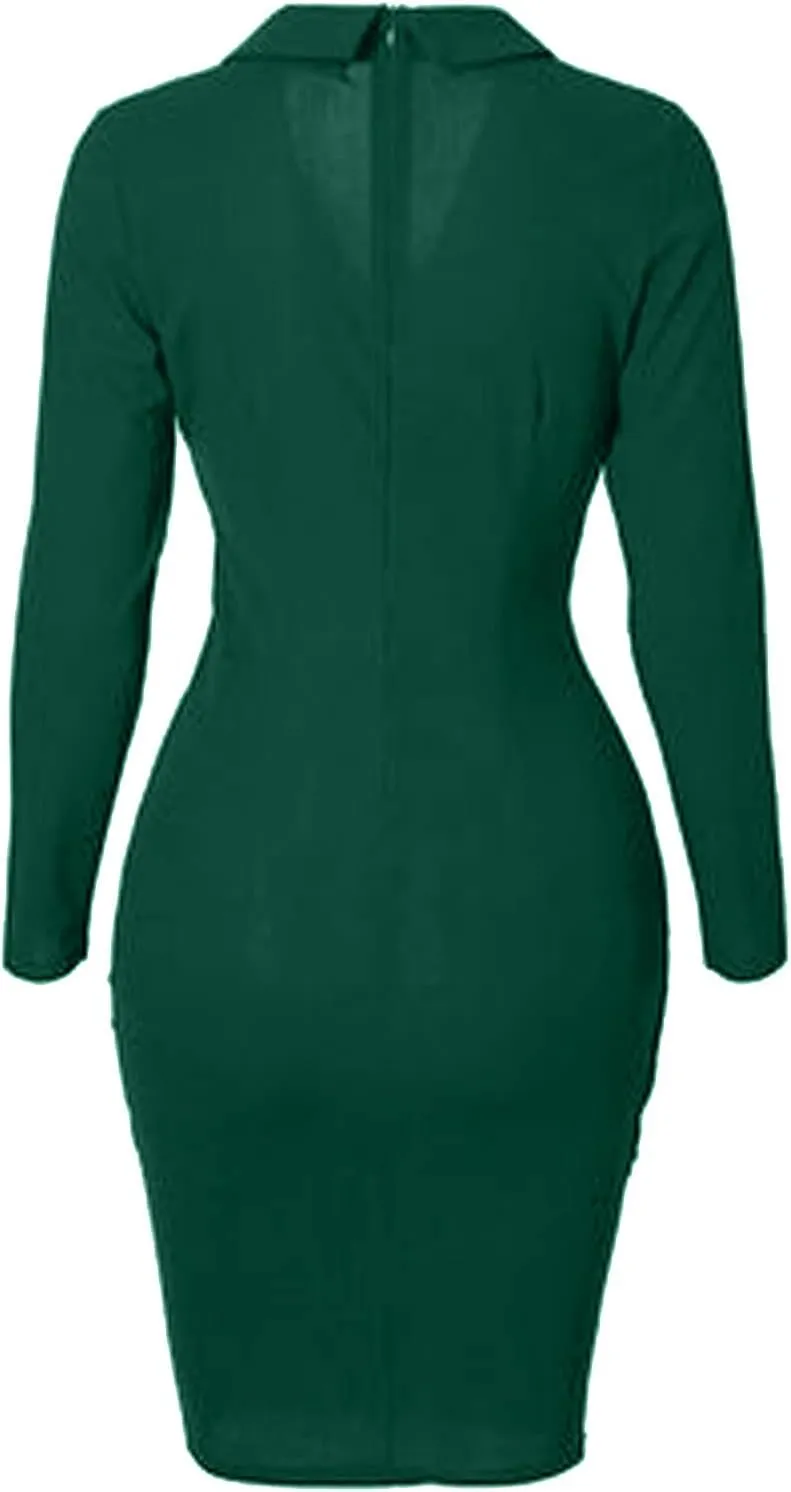 Formal Dresses for Women Long Sleeve Solid Ruched Bodycon Dress Slim Fit V Neck Buttons Office Business Fall Dresses