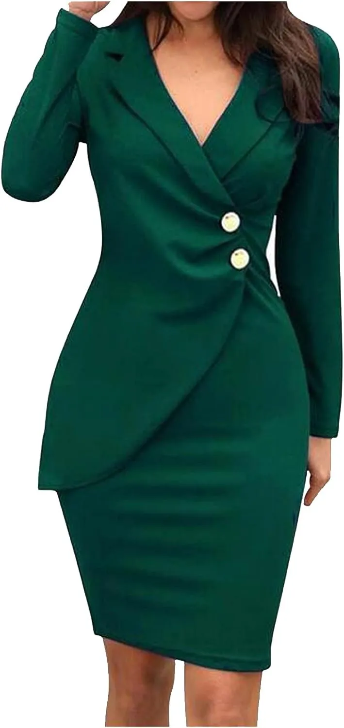Formal Dresses for Women Long Sleeve Solid Ruched Bodycon Dress Slim Fit V Neck Buttons Office Business Fall Dresses