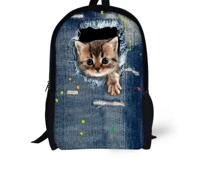 FORUDESIGNS Cat Backpack Cute 3D Animal Denim Backpacks for Children Boys Girls Casual Kids School Bag Mochila Travel Backpack