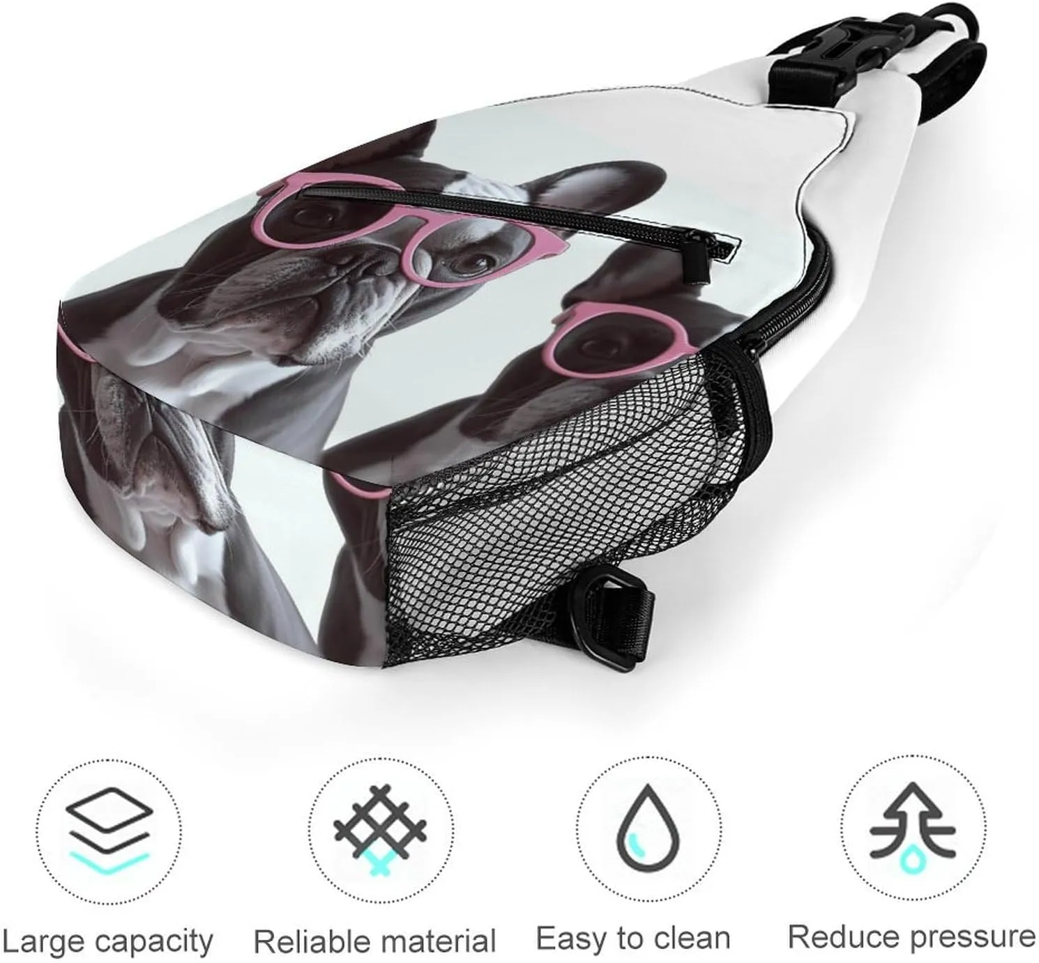 French Bulldog Glasses Sling Backpack Fashion Crossbody Sling Bag for Women Men Chest Bag for Travel Hiking, 38x20cm