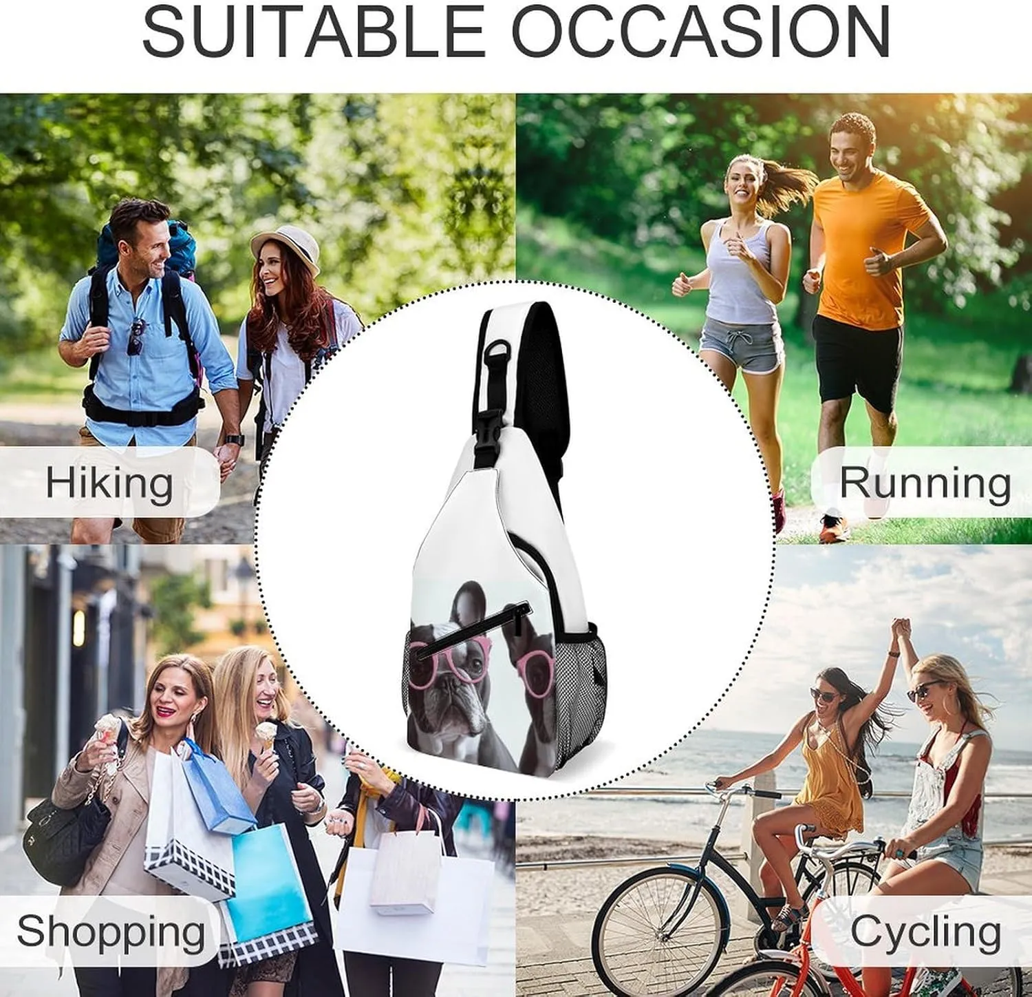 French Bulldog Glasses Sling Backpack Fashion Crossbody Sling Bag for Women Men Chest Bag for Travel Hiking, 38x20cm