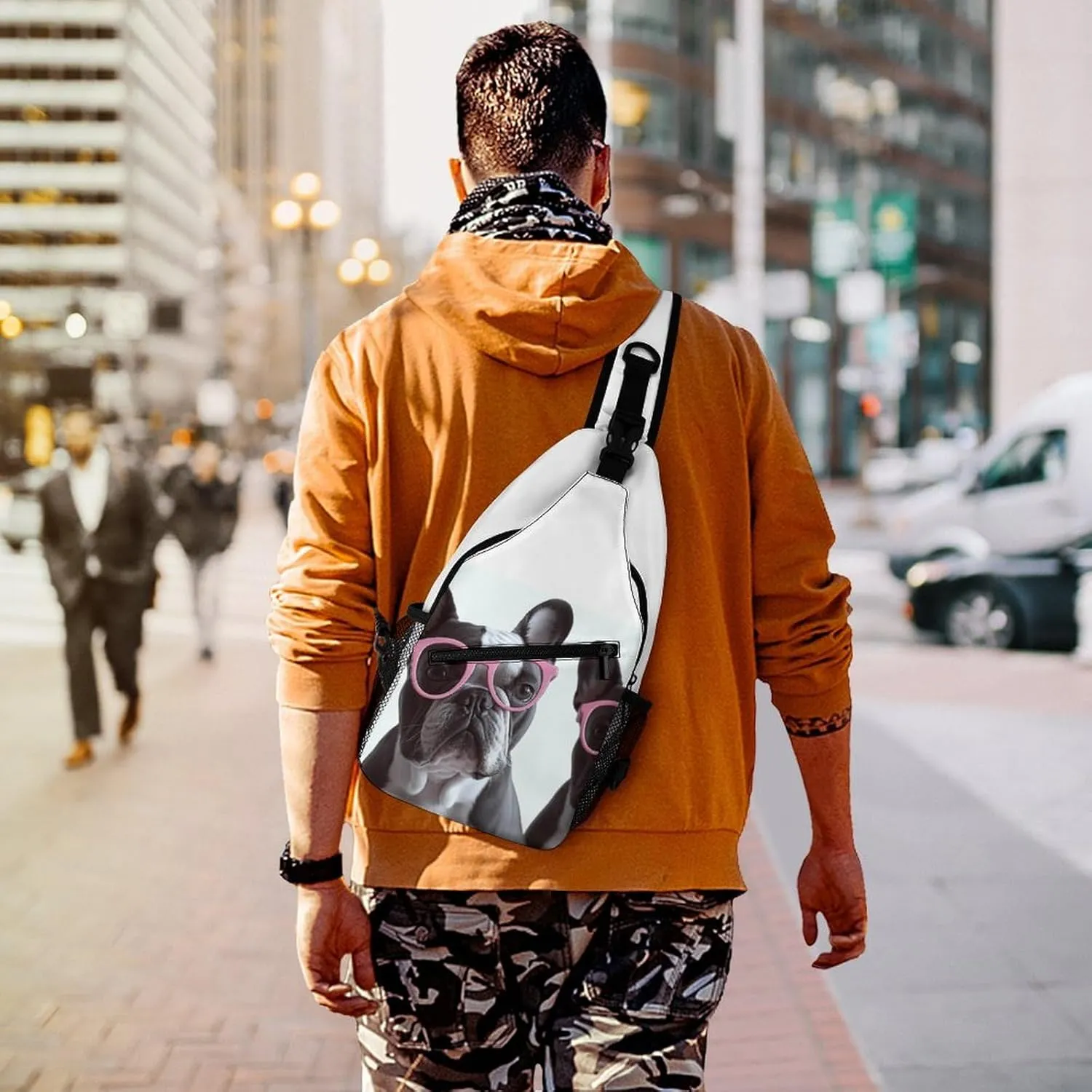 French Bulldog Glasses Sling Backpack Fashion Crossbody Sling Bag for Women Men Chest Bag for Travel Hiking, 38x20cm
