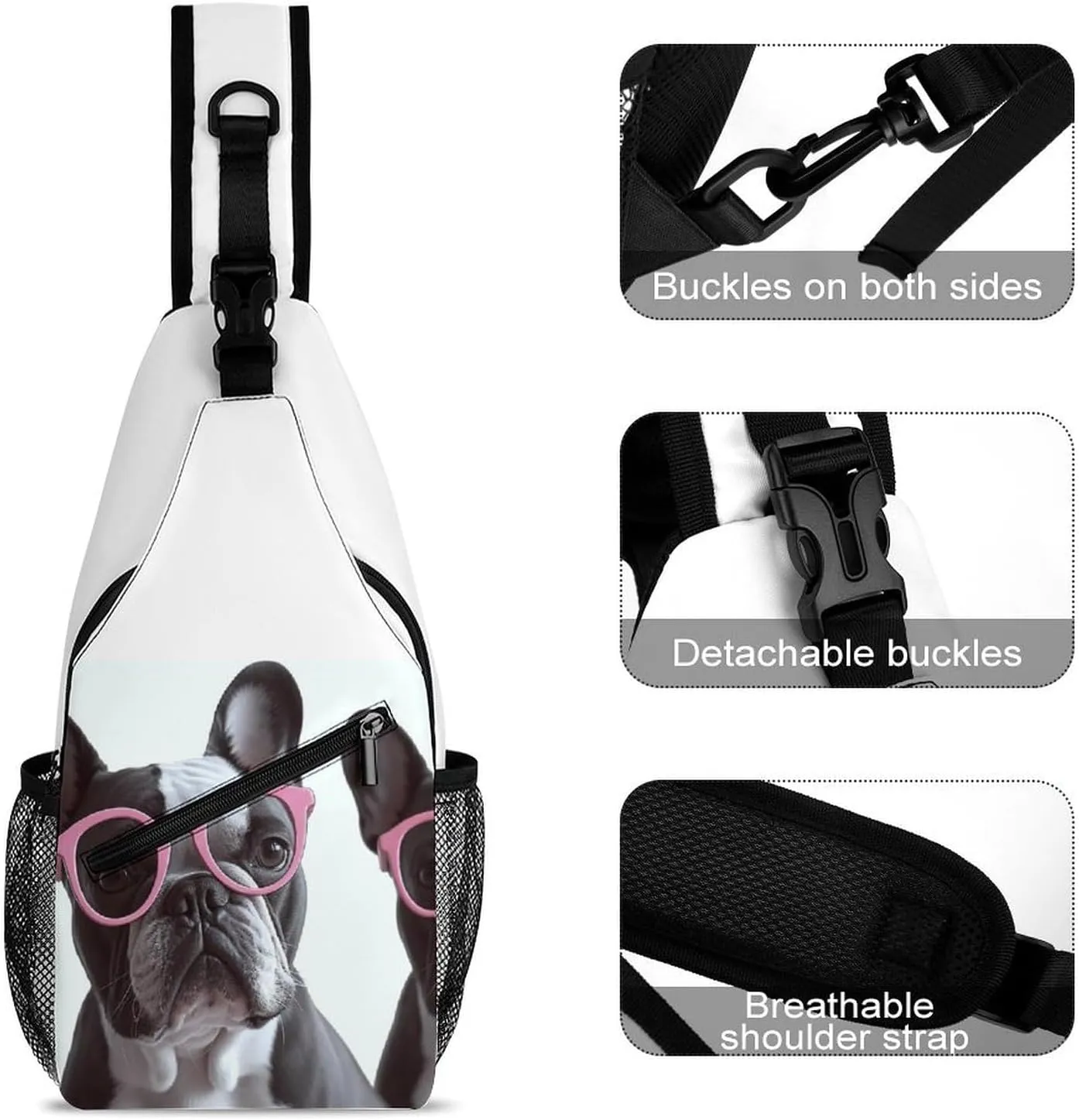 French Bulldog Glasses Sling Backpack Fashion Crossbody Sling Bag for Women Men Chest Bag for Travel Hiking, 38x20cm