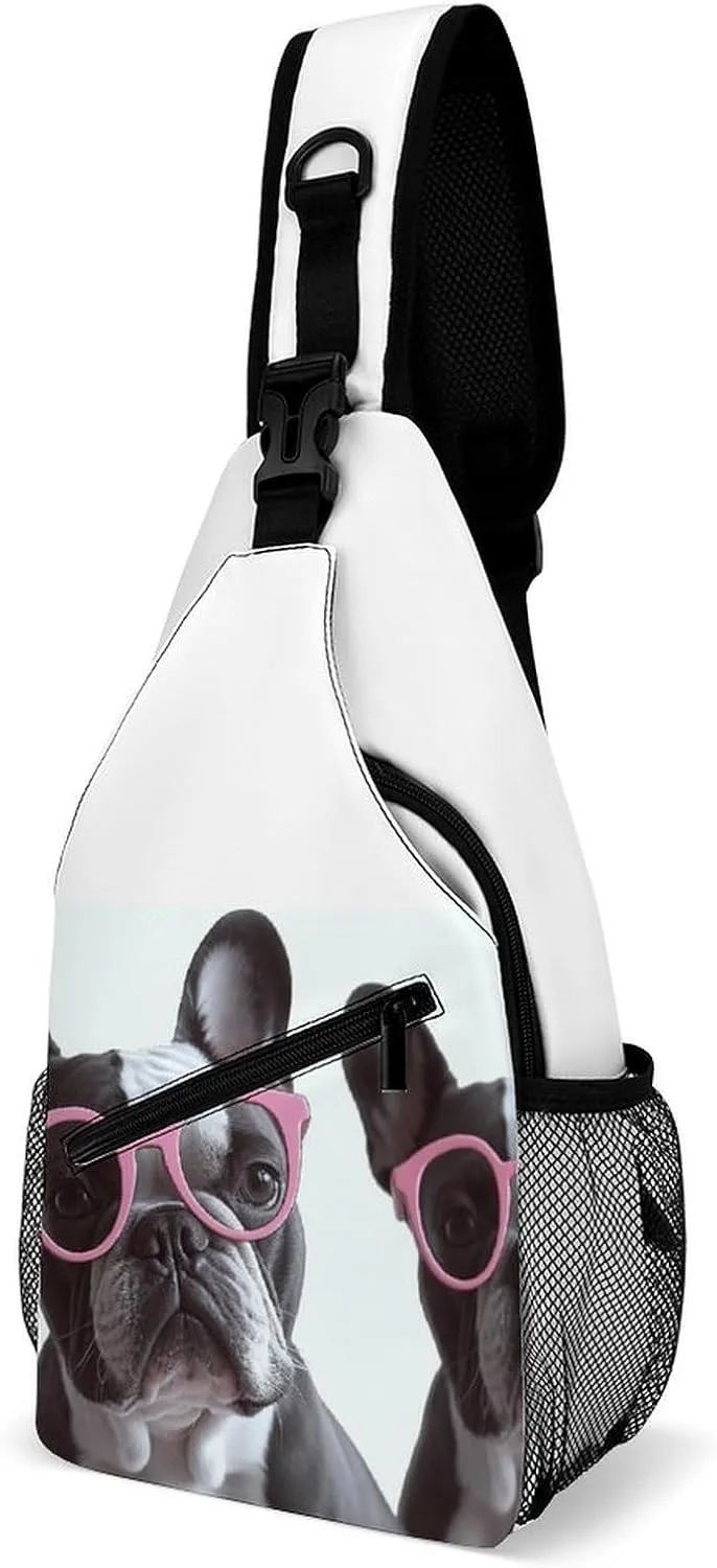 French Bulldog Glasses Sling Backpack Fashion Crossbody Sling Bag for Women Men Chest Bag for Travel Hiking, 38x20cm