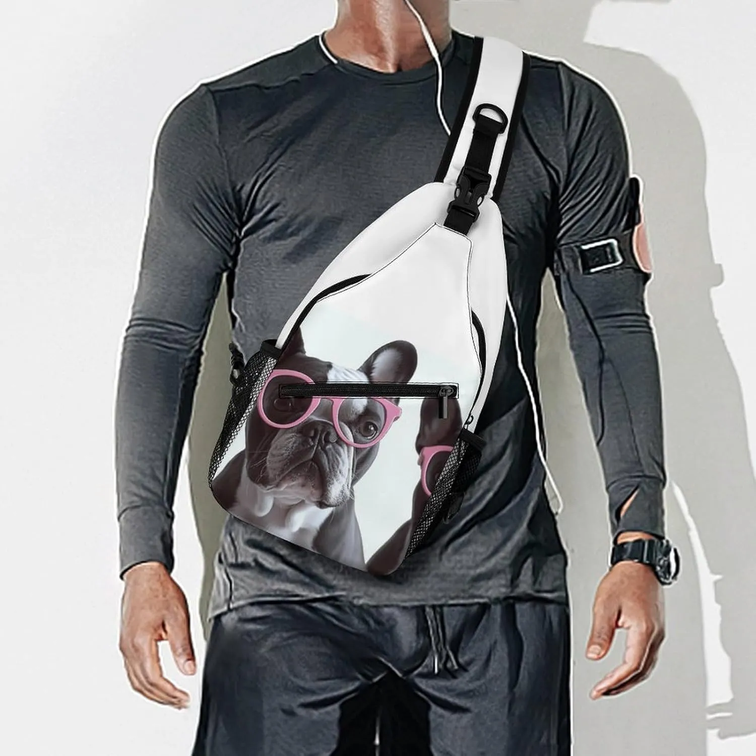 French Bulldog Glasses Sling Backpack Fashion Crossbody Sling Bag for Women Men Chest Bag for Travel Hiking, 38x20cm
