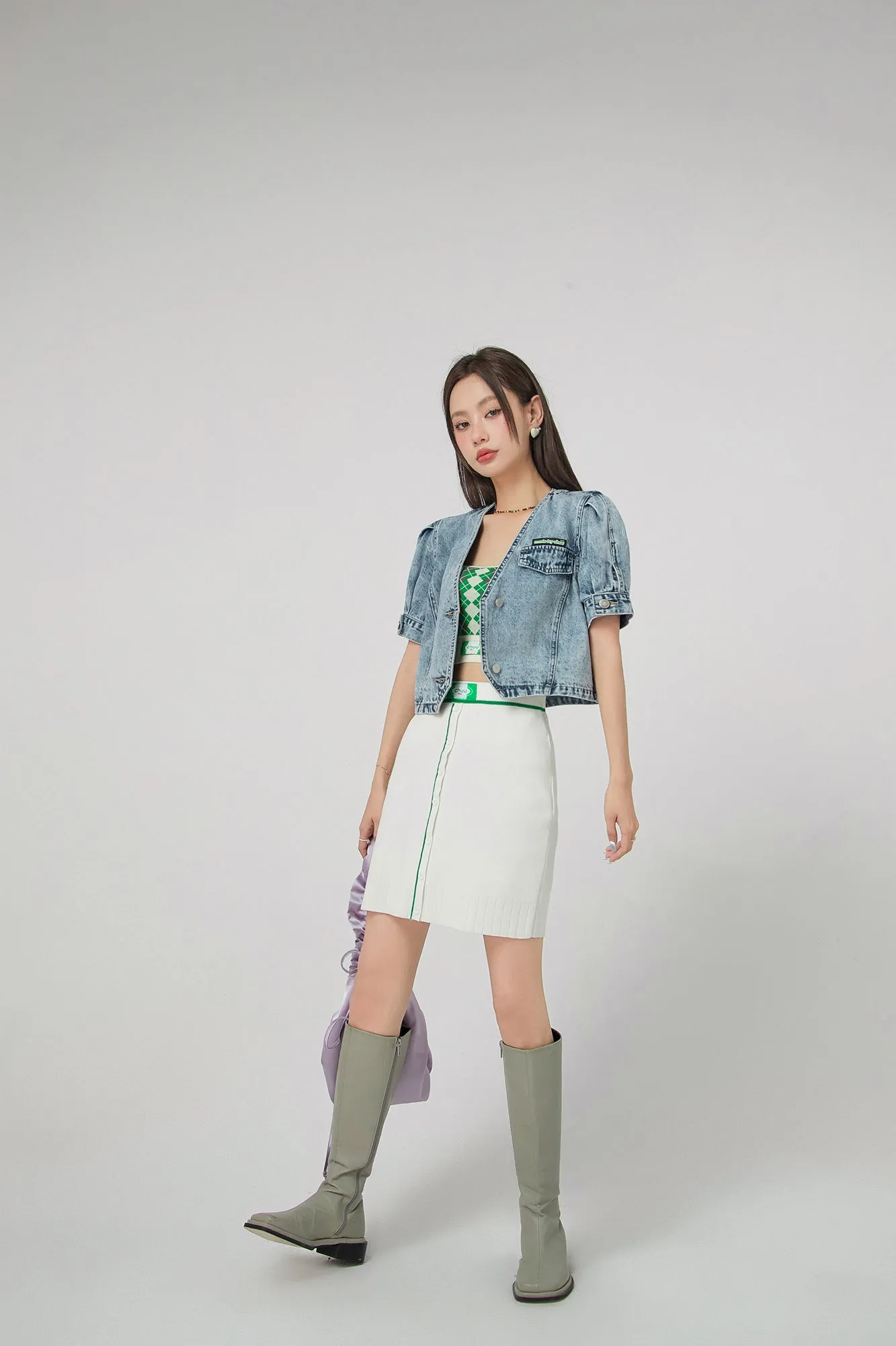 Front Buttons Ribbed Mini Skirt