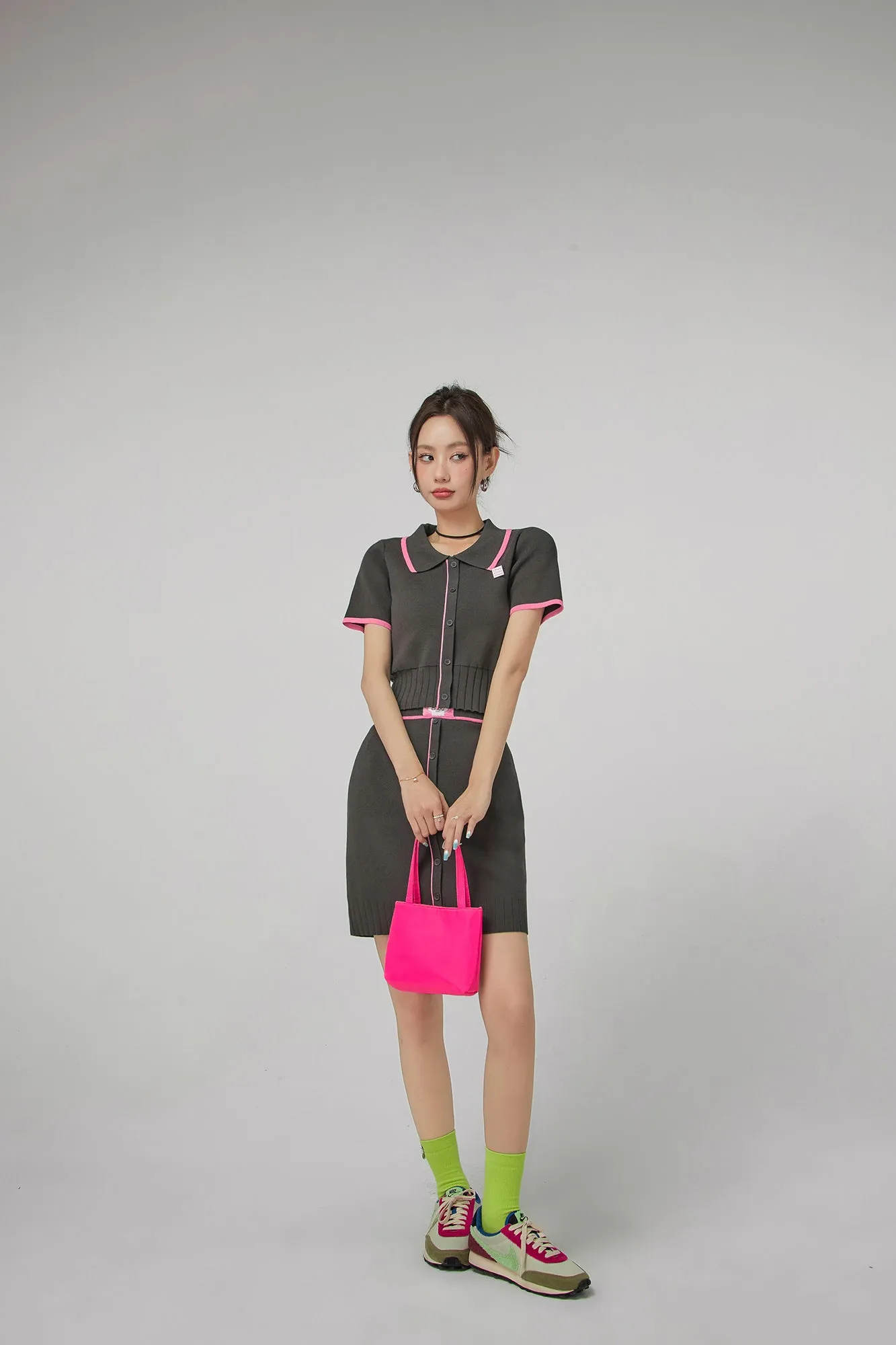 Front Buttons Ribbed Mini Skirt