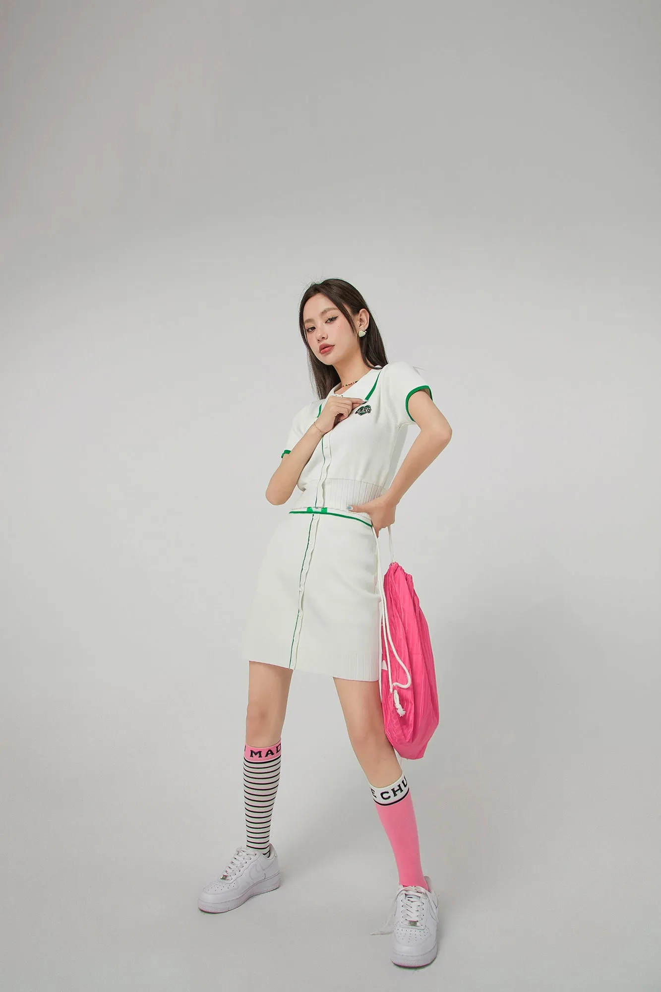 Front Buttons Ribbed Mini Skirt