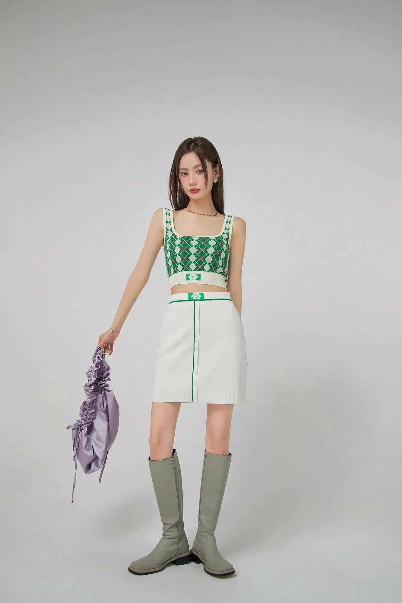 Front Buttons Ribbed Mini Skirt