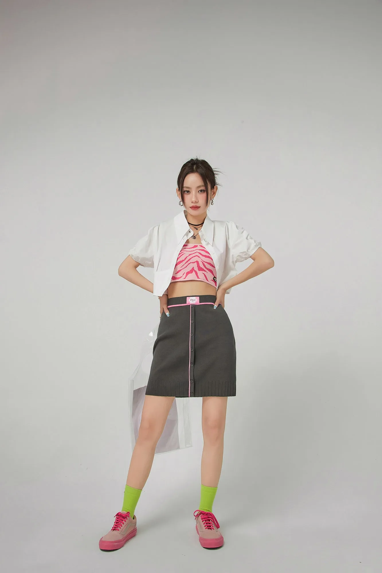 Front Buttons Ribbed Mini Skirt