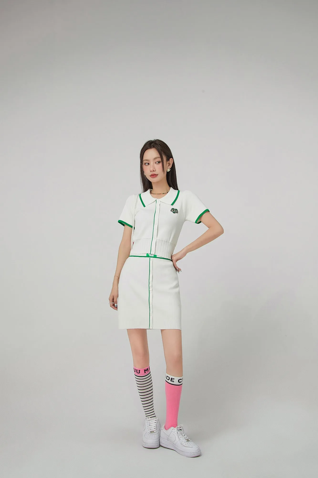 Front Buttons Ribbed Mini Skirt