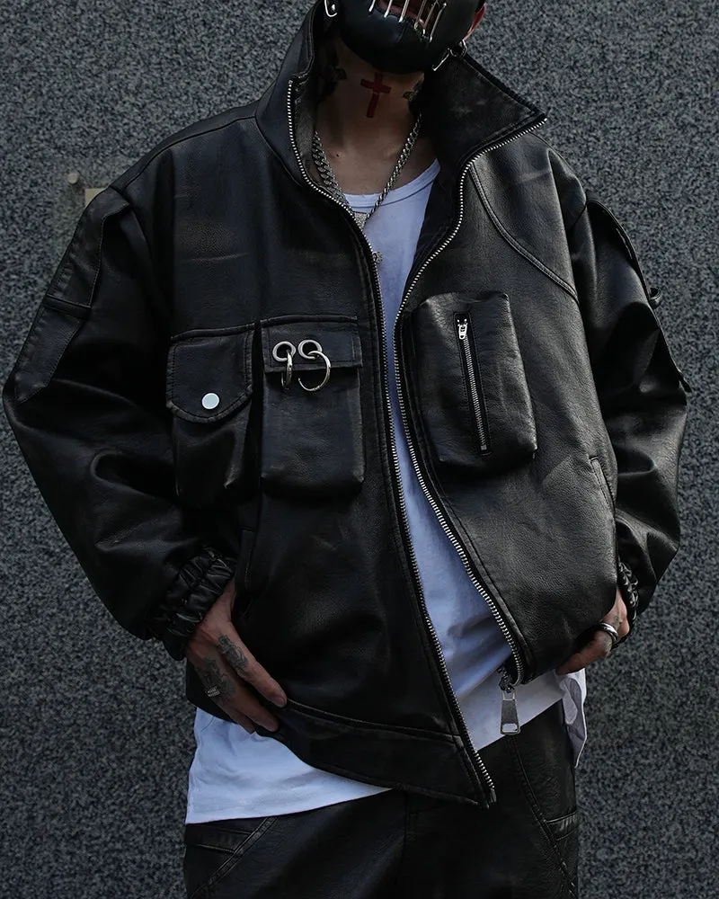 Functional Multi-Pocket PU Leather Jacket