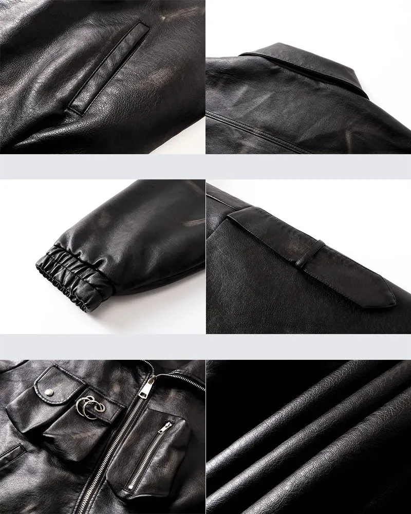 Functional Multi-Pocket PU Leather Jacket