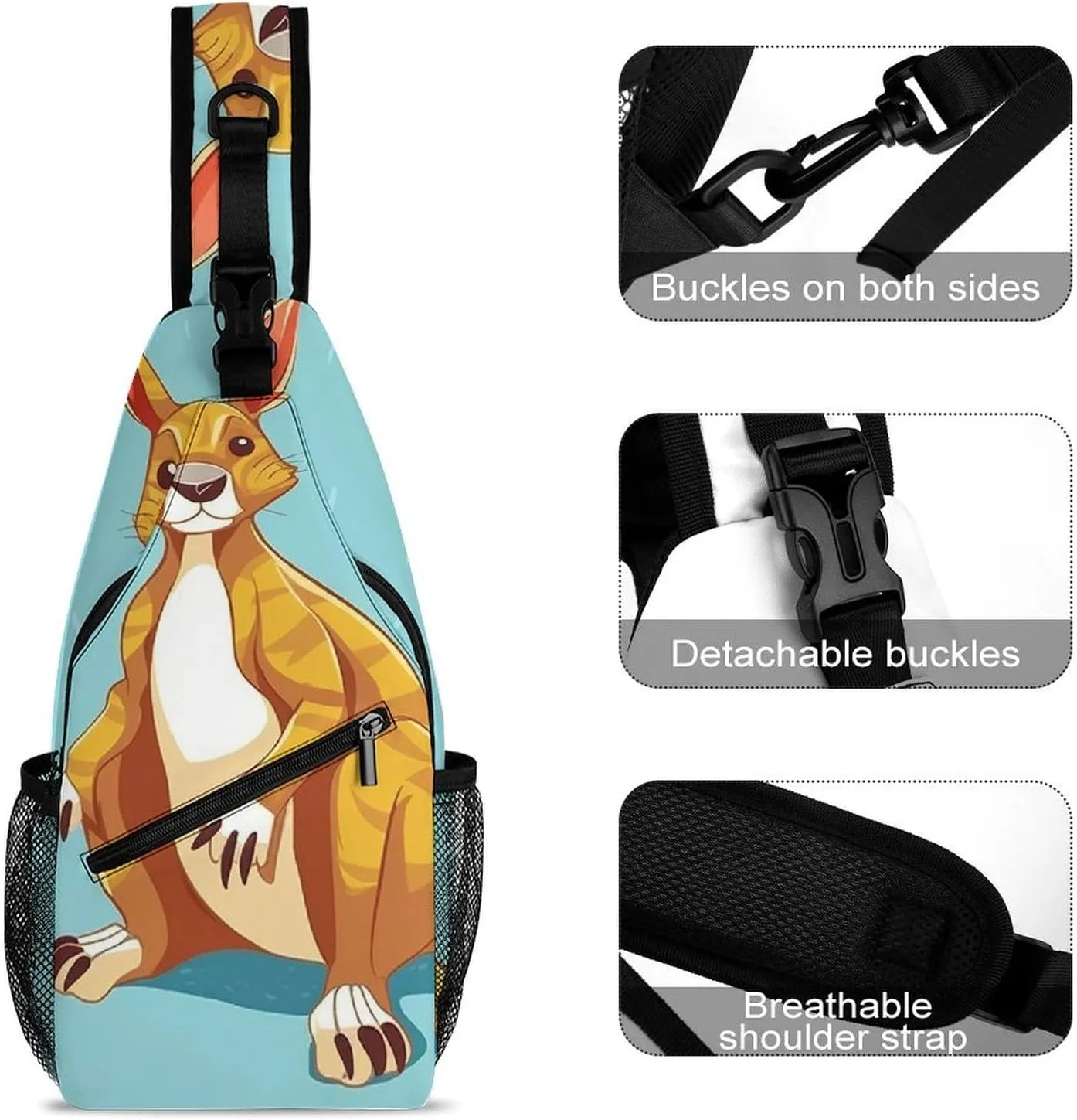 Funny Cartoon Kangaroo Zoo Sling Backpack Fashion Crossbody Sling Bag for Women Men Chest Bag for Travel Hiking, 38x20cm