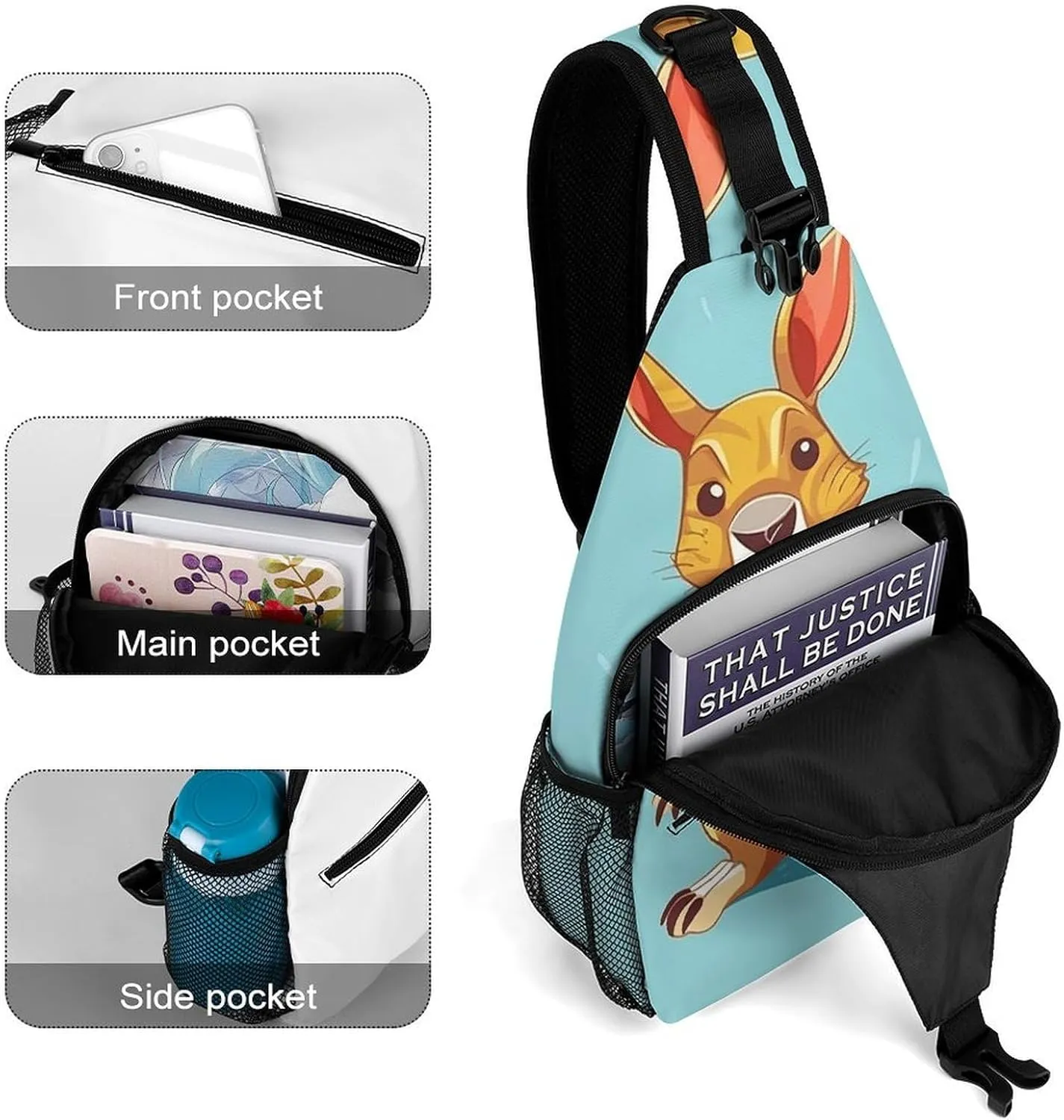 Funny Cartoon Kangaroo Zoo Sling Backpack Fashion Crossbody Sling Bag for Women Men Chest Bag for Travel Hiking, 38x20cm