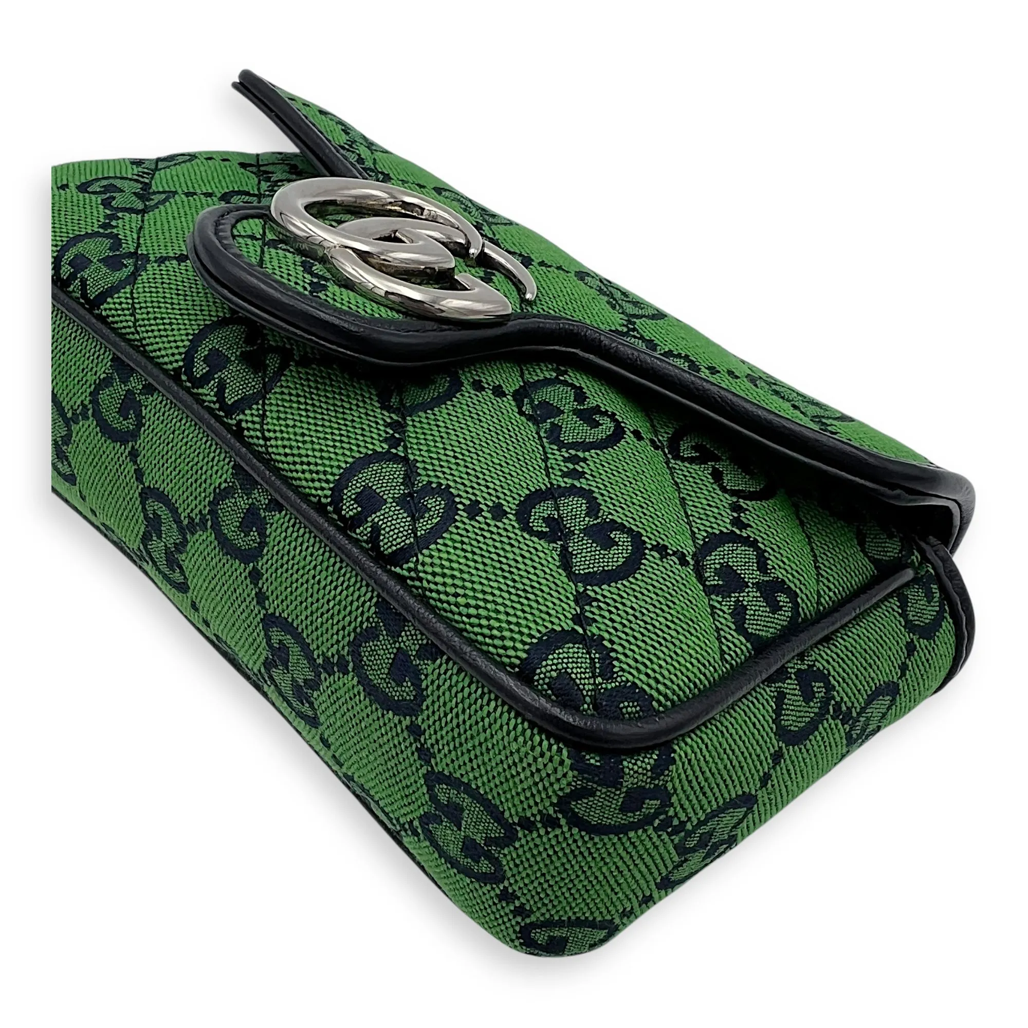 GG Marmont Super Mini Green Crossbody Bag in Canvas, Silver hardware