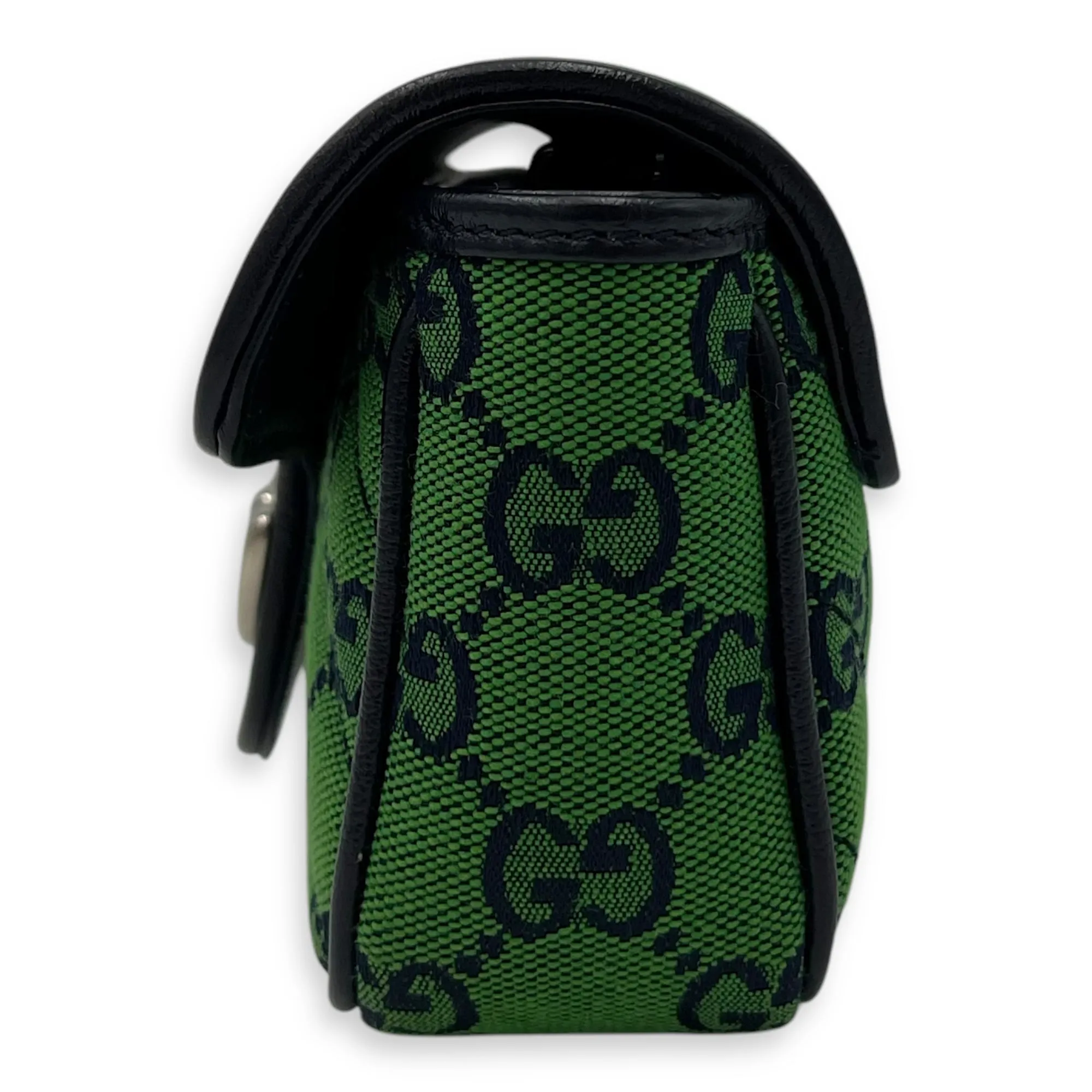 GG Marmont Super Mini Green Crossbody Bag in Canvas, Silver hardware