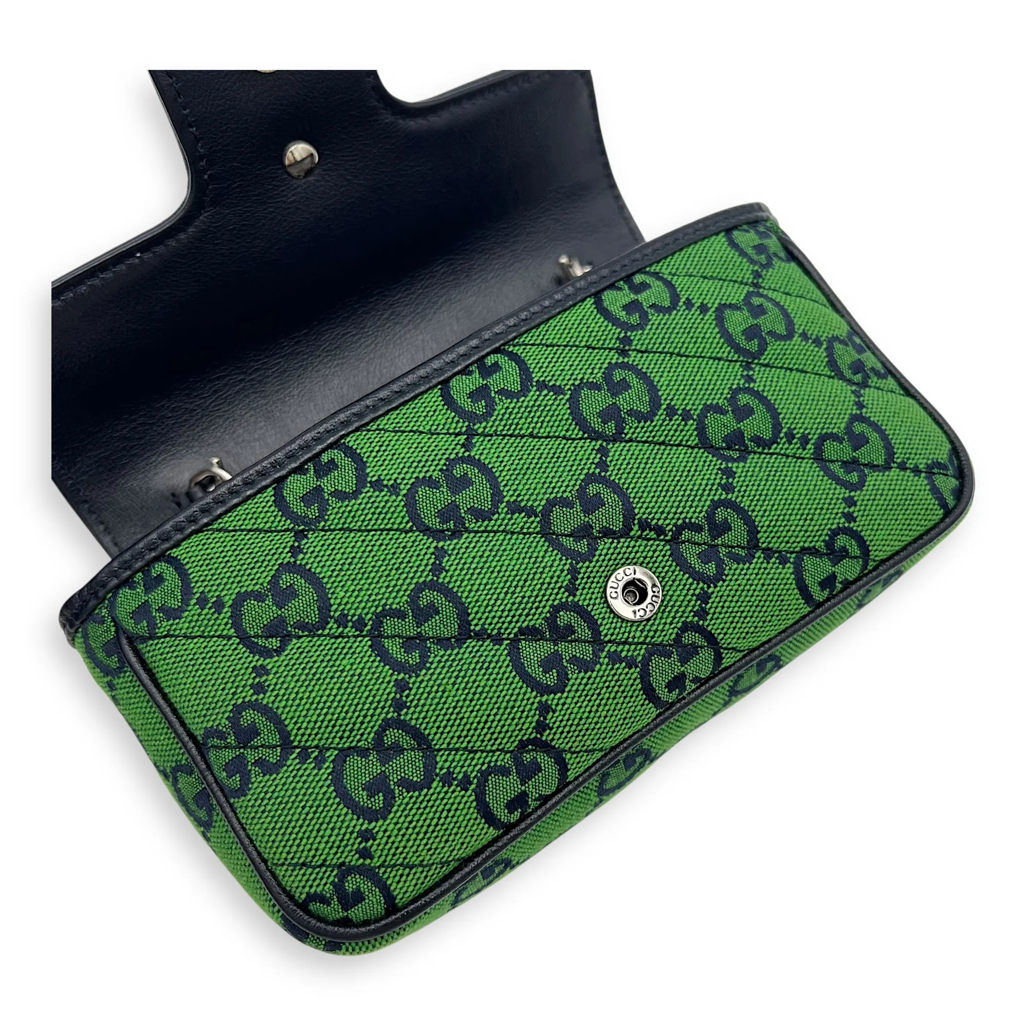 GG Marmont Super Mini Green Crossbody Bag in Canvas, Silver hardware