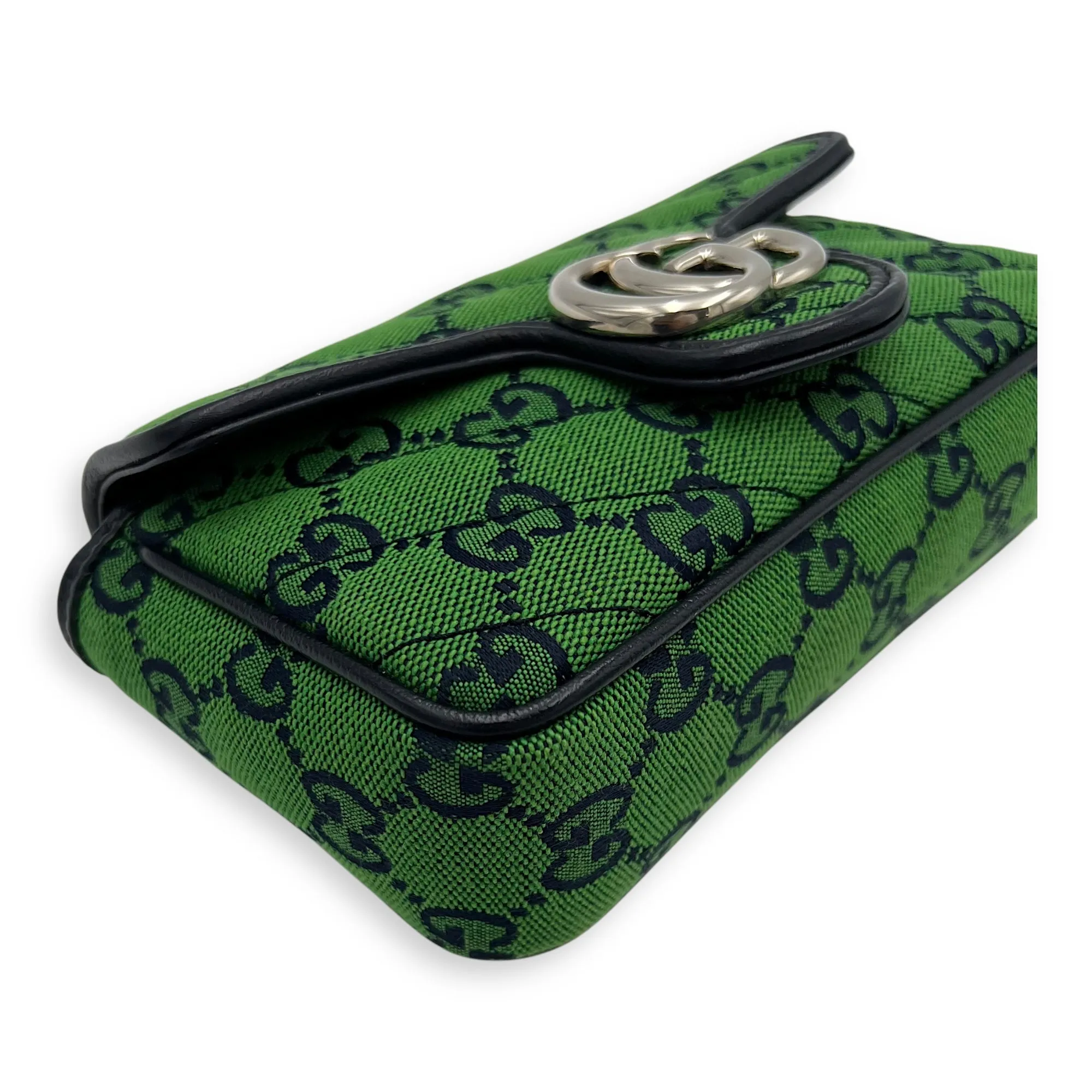 GG Marmont Super Mini Green Crossbody Bag in Canvas, Silver hardware