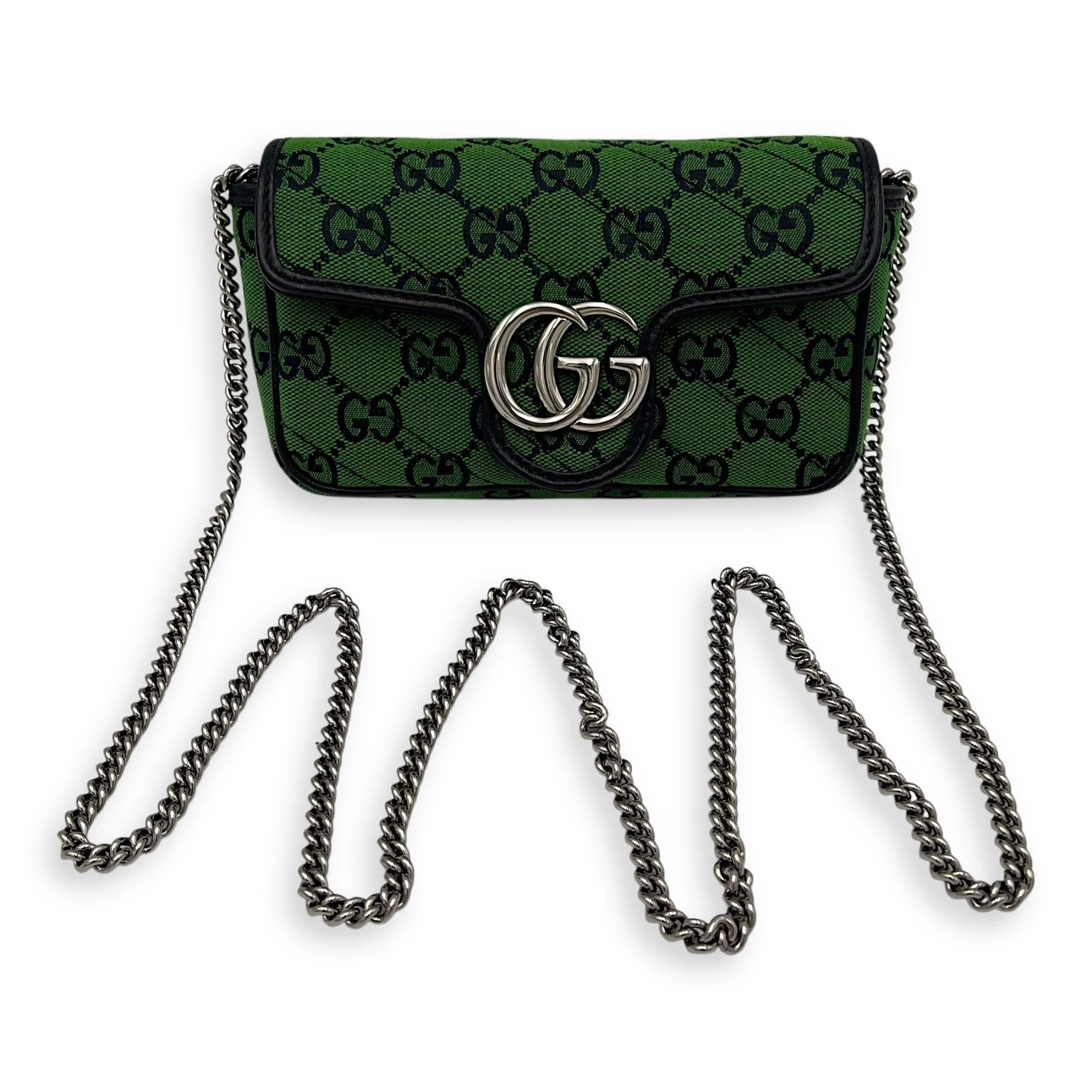 GG Marmont Super Mini Green Crossbody Bag in Canvas, Silver hardware