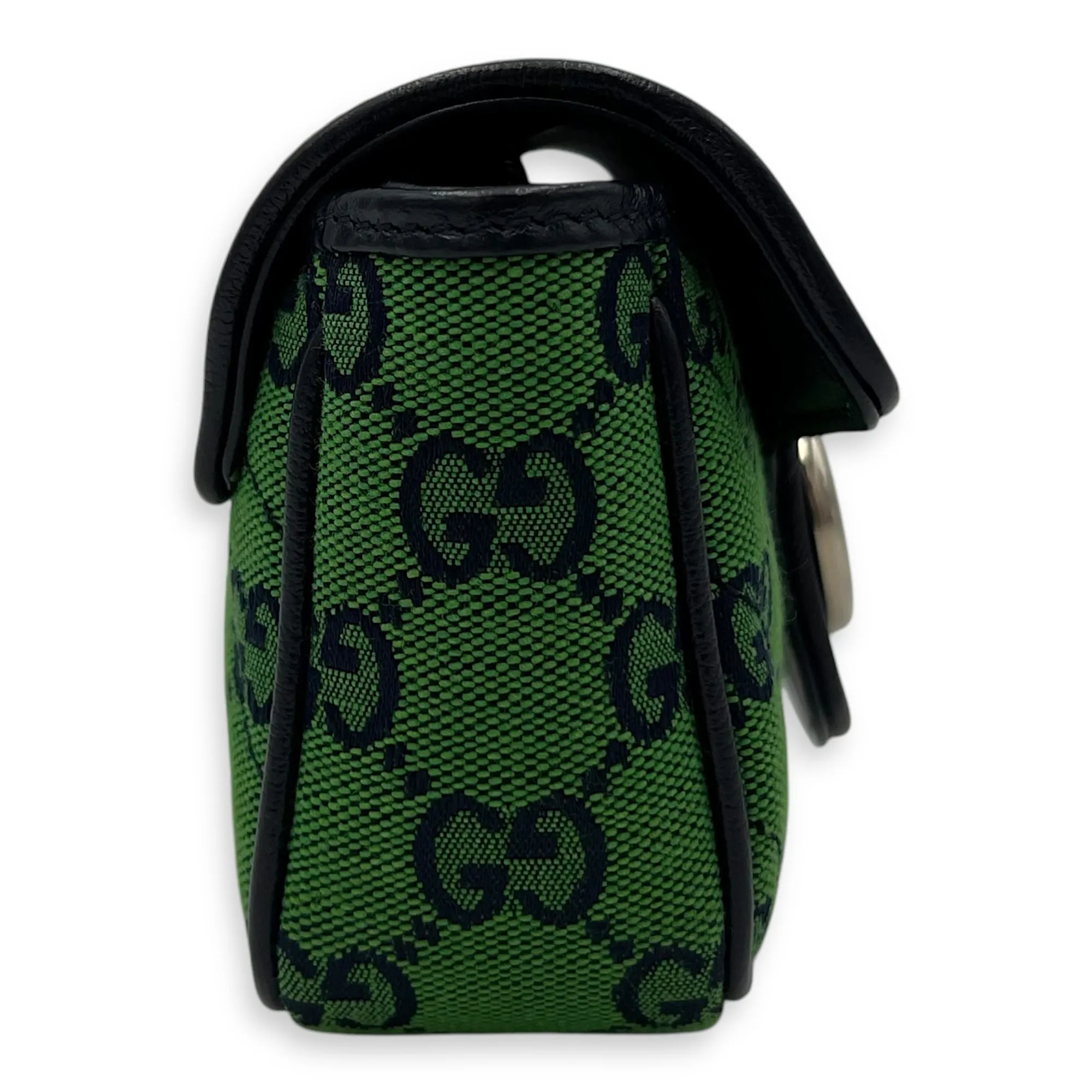 GG Marmont Super Mini Green Crossbody Bag in Canvas, Silver hardware