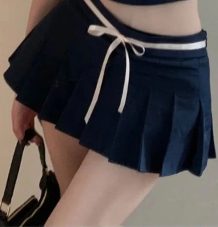 Girlary French Sexy New Y2k 2 Piece Set Women Korean Fashion Bowknot Slim Solid Cute Vest Top  Design Pleated Short Mini Skirt Suit 2024