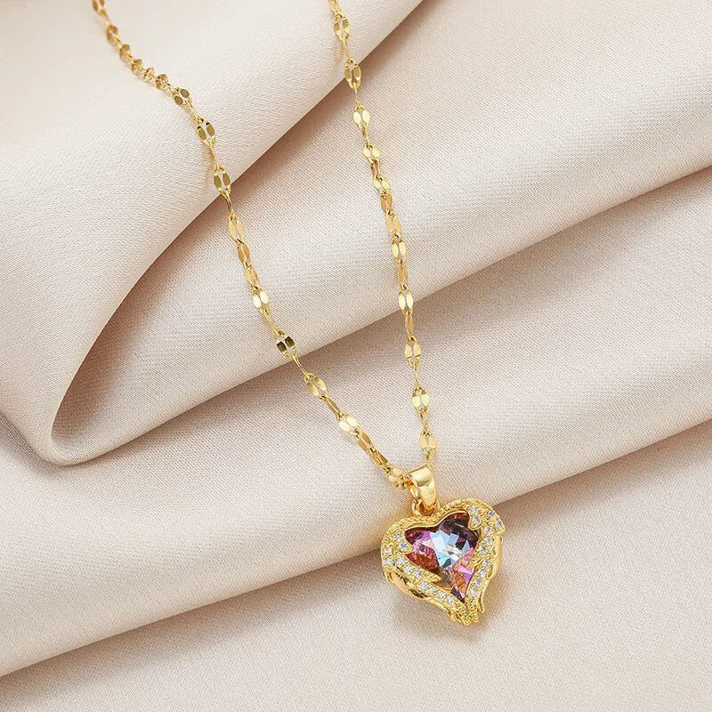 Gold Color Beautiful Love Heart Amethyst Pendant Shiny Temperament Gift Women