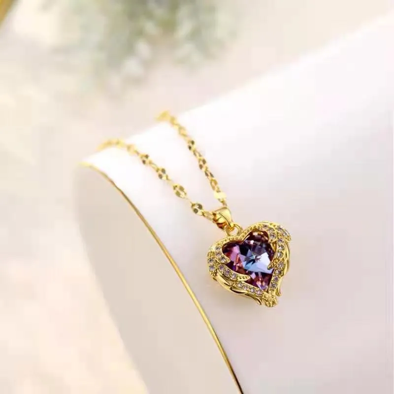 Gold Color Beautiful Love Heart Amethyst Pendant Shiny Temperament Gift Women