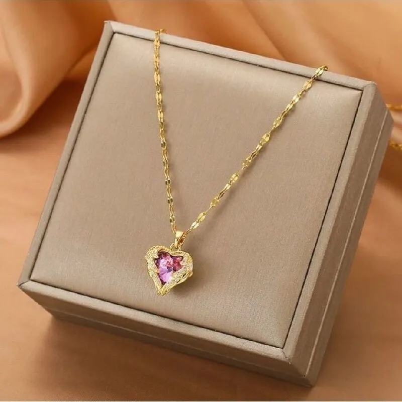 Gold Color Beautiful Love Heart Amethyst Pendant Shiny Temperament Gift Women