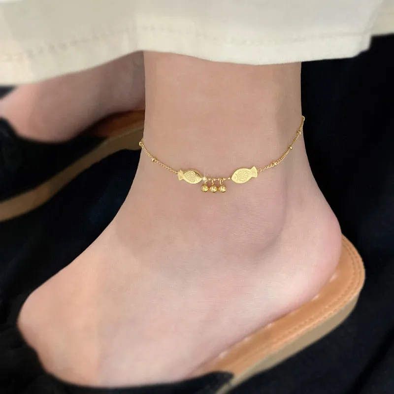 Gold Color Bohemia Ball Pendant Fish Charm Anklet Bracelet for Women