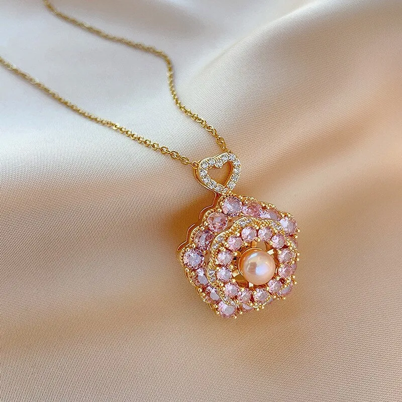 Gold Color Temperament Pink Freshwater Pearl Necklace For Women