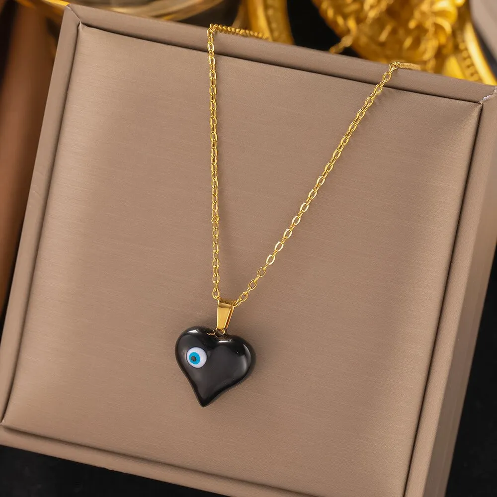 Gold Color Turkey Blue Evil Eye Heart Pendant Necklace Earrings For Women