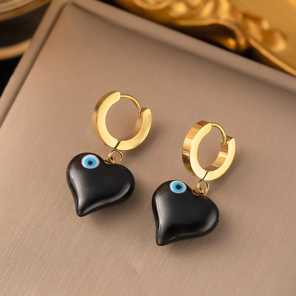 Gold Color Turkey Blue Evil Eye Heart Pendant Necklace Earrings For Women