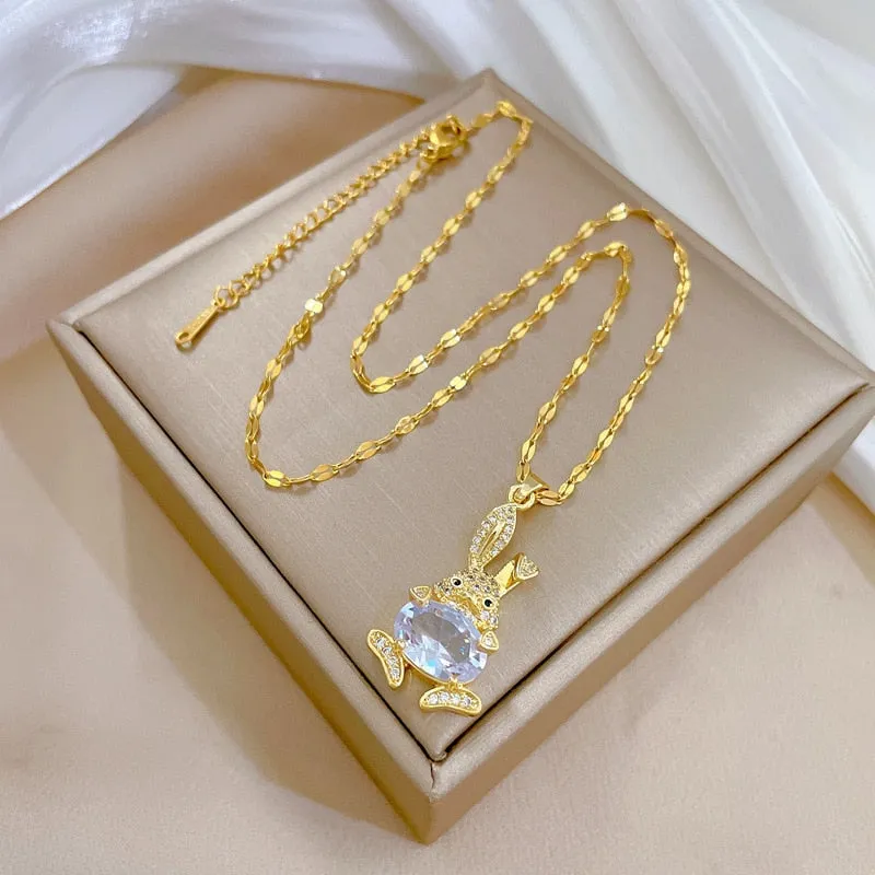 Gold Plated Clear Crystal Cute Animal Rabbit Charm Pendant Necklace For Women