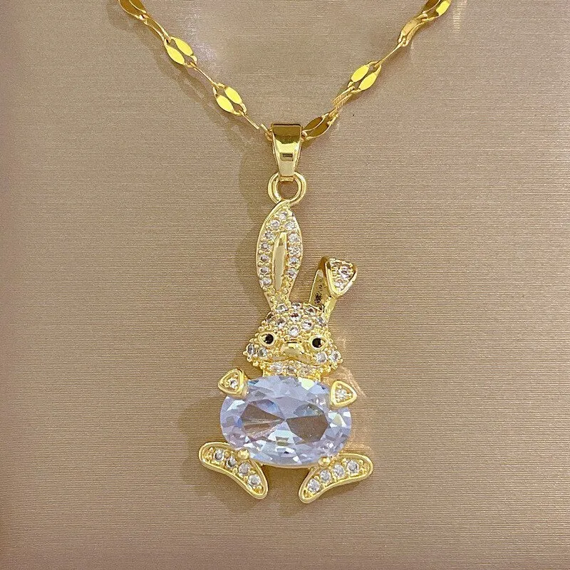 Gold Plated Clear Crystal Cute Animal Rabbit Charm Pendant Necklace For Women