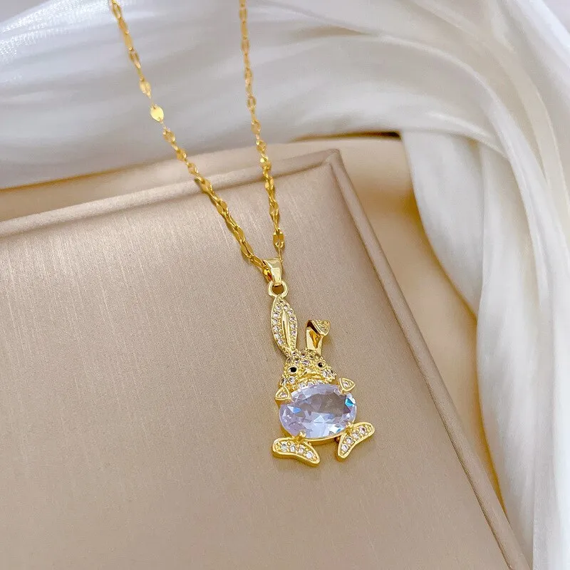 Gold Plated Clear Crystal Cute Animal Rabbit Charm Pendant Necklace For Women