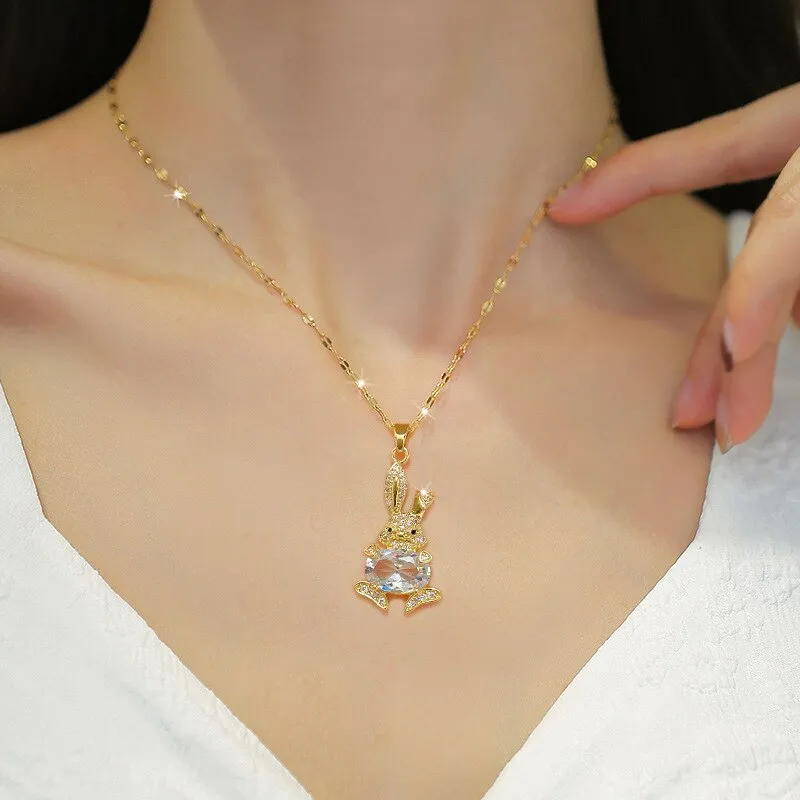 Gold Plated Clear Crystal Cute Animal Rabbit Charm Pendant Necklace For Women