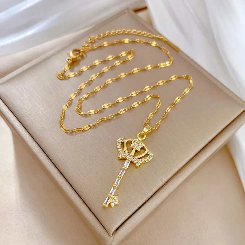 Gold Plated Korean FashionCrown key Pendant  Necklaces For Women