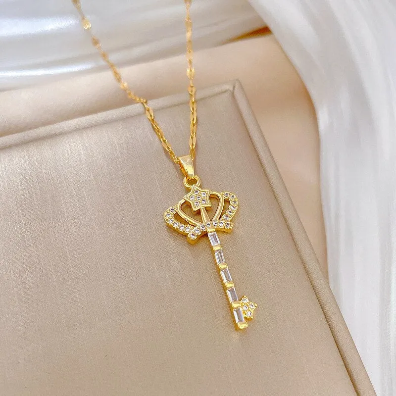 Gold Plated Korean FashionCrown key Pendant  Necklaces For Women