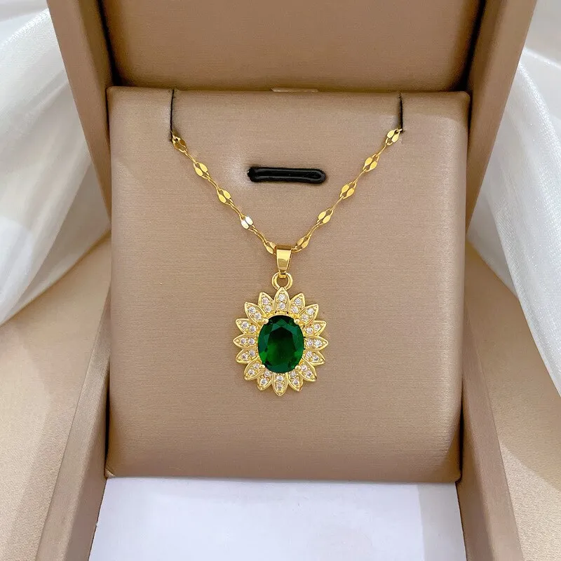 Gold Plated Luxury Jewelry Flower Gemstone Pendant Girl Necklace
