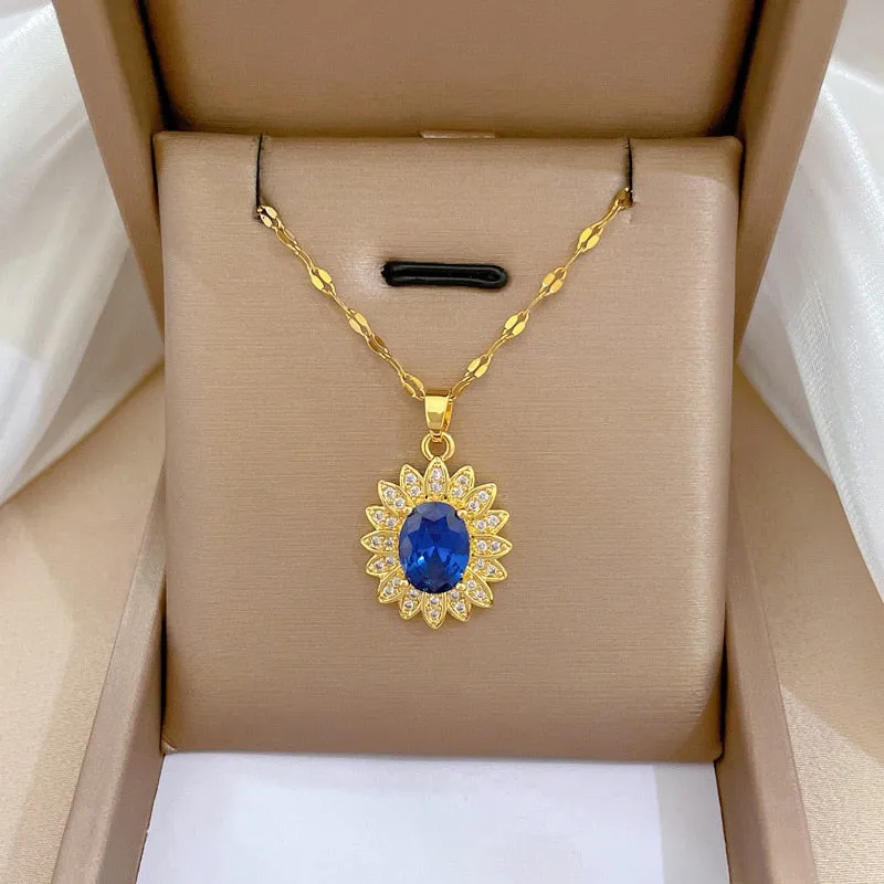 Gold Plated Luxury Jewelry Flower Gemstone Pendant Girl Necklace