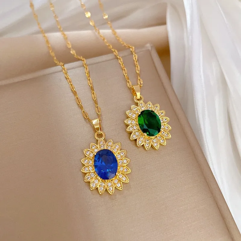 Gold Plated Luxury Jewelry Flower Gemstone Pendant Girl Necklace