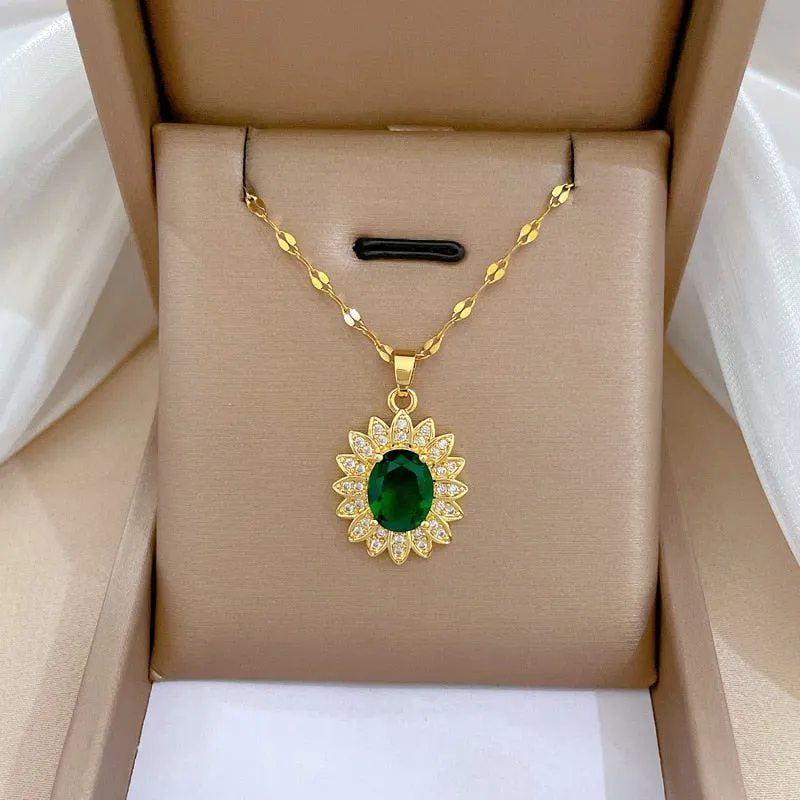 Gold Plated Luxury Jewelry Flower Gemstone Pendant Girl Necklace