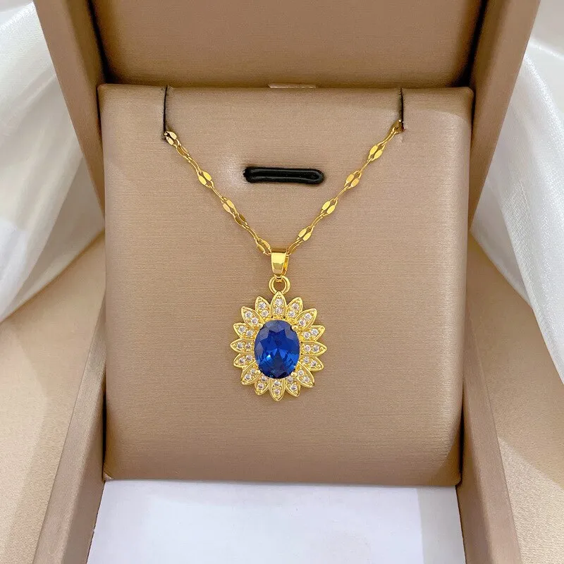 Gold Plated Luxury Jewelry Flower Gemstone Pendant Girl Necklace